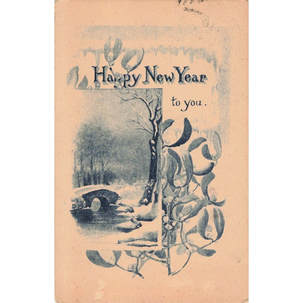 Vintage 1920 Happy New Year Postcard Winter Bridge Mistletoe Blue Monochrome G - Picture 1 of 2